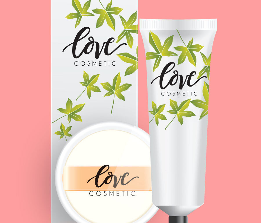 Three cosmetic product mockups on a pink background.